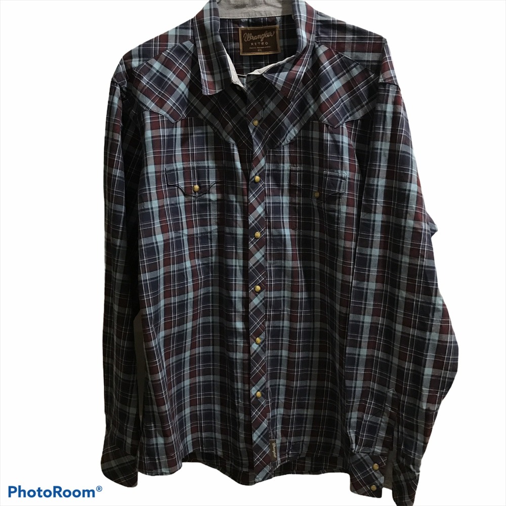 Wrangler Retro Western Shirt XXL Burgundy Blue Plaid Excellent Snap Button Down